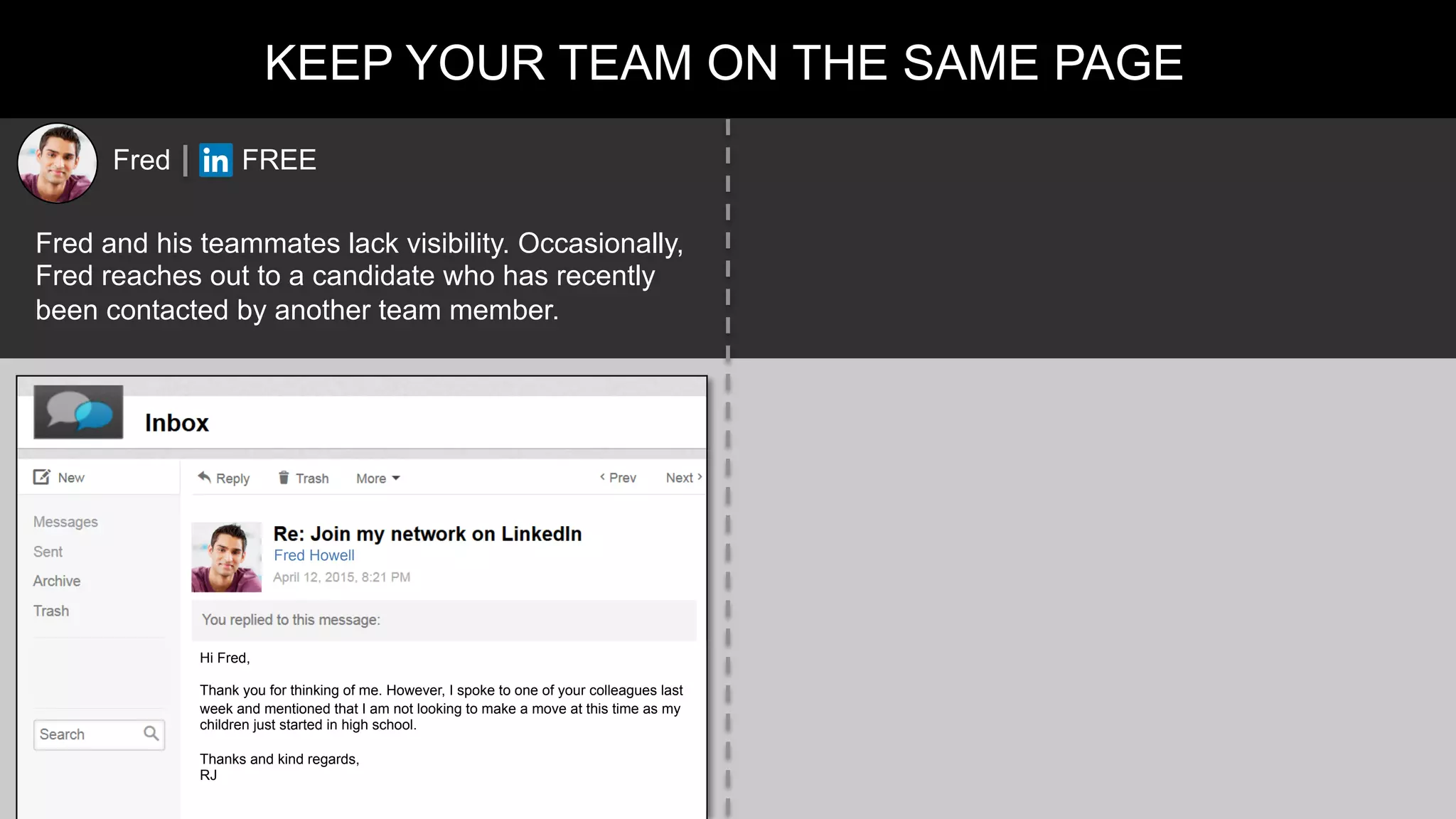 KEEP YOUR TEAM ON THE SAME PAGE
Fred and his teammates lack visibility. Occasionally,
Fred reaches out to a candidate who has recently
been contacted by another team member.
Fred FREE
Hi Fred,
Thank you for thinking of me. However, I spoke to one of your colleagues last
week and mentioned that I am not looking to make a move at this time as my
children just started in high school.
Thanks and kind regards,
RJ
!
Fred Howell
 