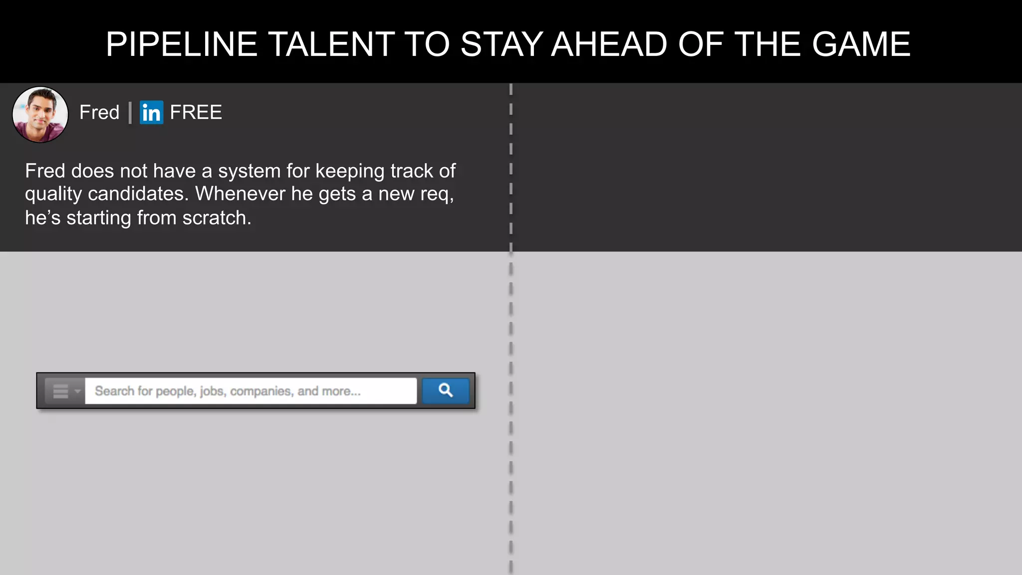 PIPELINE TALENT TO STAY AHEAD OF THE GAME
Fred FREE
Fred does not have a system for keeping track of
quality candidates. Whenever he gets a new req,
he’s starting from scratch.
 