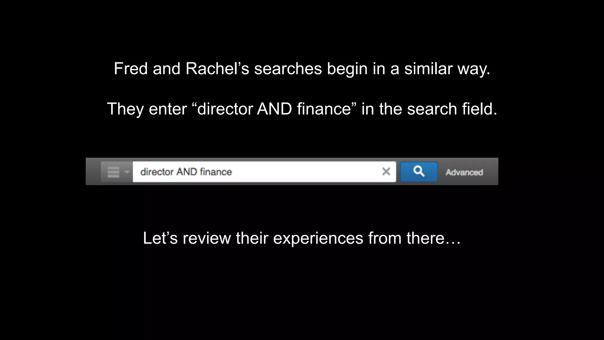 Fred and Rachel’s searches begin in a similar way.
They enter “director AND finance” in the search field.
Let’s review their experiences from there…
 