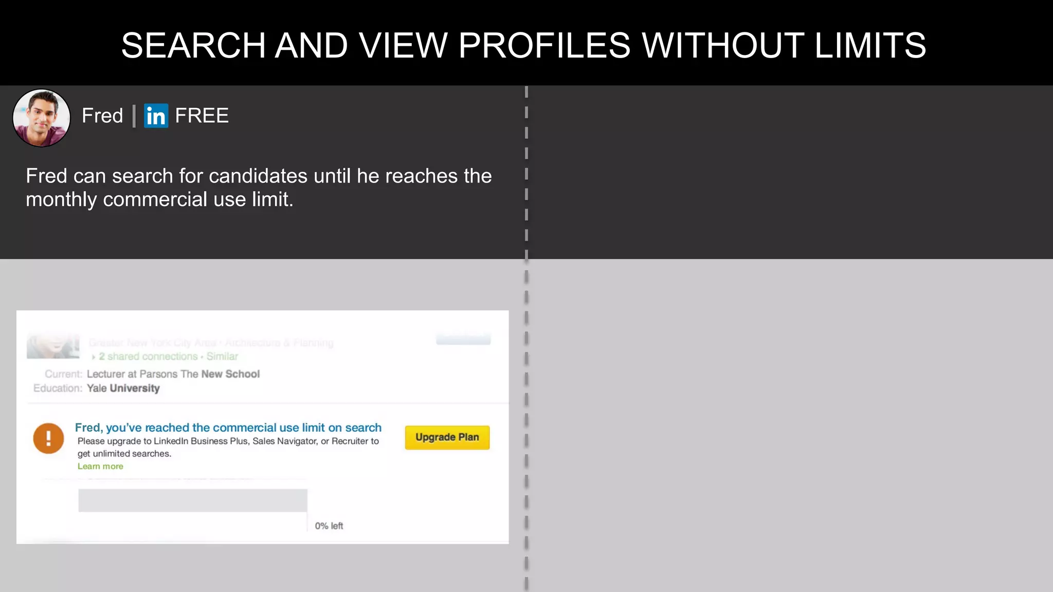 SEARCH AND VIEW PROFILES WITHOUT LIMITS
Fred can search for candidates until he reaches the
monthly commercial use limit.
Fred FREE
Fred,
 