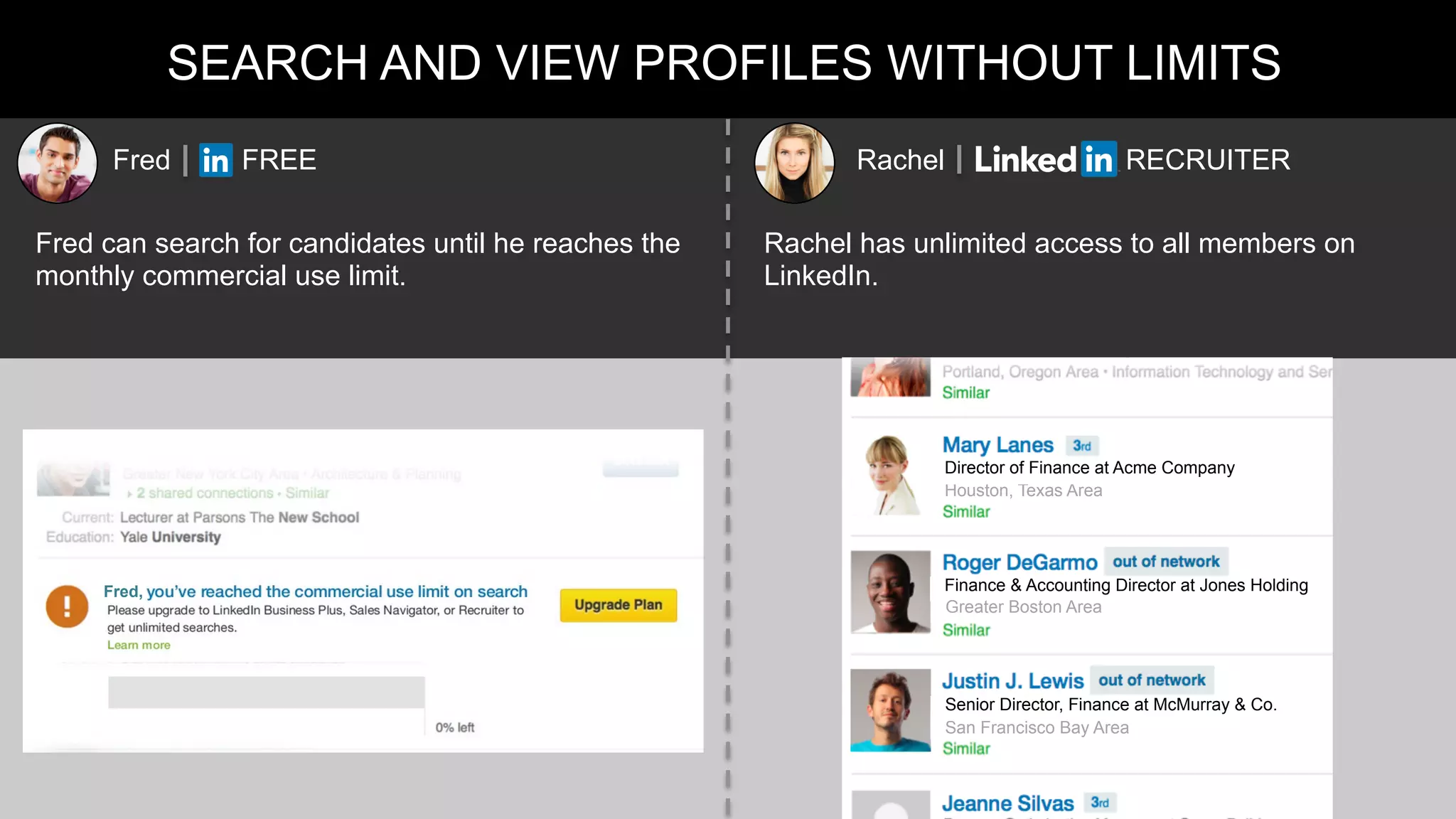 SEARCH AND VIEW PROFILES WITHOUT LIMITS
Fred can search for candidates until he reaches the
monthly commercial use limit.
Rachel has unlimited access to all members on
LinkedIn.
Fred FREE Rachel RECRUITER
Fred,
Houston, Texas Area
Director of Finance at Acme Company
Finance & Accounting Director at Jones Holding
Greater Boston Area
San Francisco Bay Area
Senior Director, Finance at McMurray & Co.
 