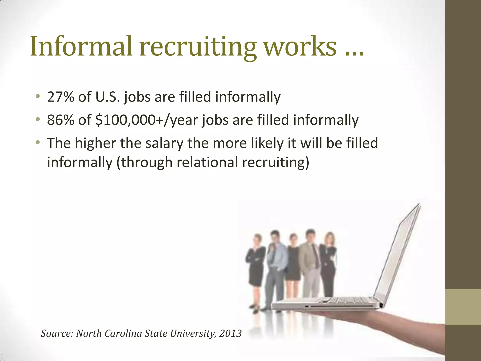 Informal recruiting works …
• 27% of U.S. jobs are filled informally
• 86% of $100,000+/year jobs are filled informally
• The higher the salary the more likely it will be filled
  informally (through relational recruiting)




Source: North Carolina State University, 2013
 