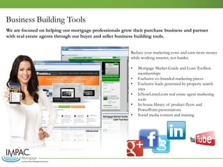 Business Building Tools
We are focused on helping our mortgage professionals grow their purchase business and partner
with real estate agents through our buyer and seller business building tools.
Reduce your marketing costs and earn more money
while working smarter, not harder.
• Mortgage Market Guide and Loan Toolbox
memberships
• Exclusive co-branded marketing pieces
• Exclusive leads generated by property search
sites
• IsNowListed.com real estate agent marketing
tools
• In-house library of product flyers and
PowerPoint presentations
• Social media content and training
IsNowListed
Mortgage Market Guide
Loan Tool Box
 