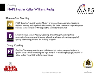 Coaching
 MAPS lives in Keller Williams Realty

One-on-One Coaching
        MAPS Coaching’s award-winning Mastery program offers personalized coaching,
        business planning, and high-level accountability for those committed to growing their
        business and income as swiftly as possible, no matter the market.


        Similar in design to our Mastery Coaching, Breakthrough Coaching offers
        personalized coaching on a bi-weekly schedule at a lower price with the goal of
        quickly accelerating you into the Mastery program.


Group Coaching
        Our Fast Track programs give you exclusive access to improve your business in
        specific areas – from developing the right mindset to mastering language patterns to
        taking and servicing REO and short sale listings.




                                         © Copyright Keller Williams® Realty, Inc. 2010
                                                                                                www.kw.com
 