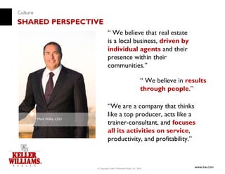Culture
SHARED PERSPECTIVE
                                       “ We believe that real estate
                                       is a local business, driven by
                                       individual agents and their
                                       presence within their
                                       communities.”

                                                                         “ We believe in results
                                                                         through people.”

                                       “We are a company that thinks
                                       like a top producer, acts like a
          Mark Willis, CEO
                                       trainer-consultant, and focuses
                                       all its activities on service,
                                       productivity, and profitability.”



                             © Copyright Keller Williams® Realty, Inc. 2010
                                                                                           www.kw.com
 