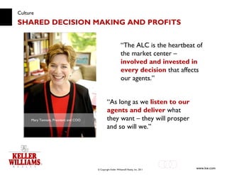 Culture SHARED DECISION MAKING AND PROFITS Mary Tennant, President and COO “ The ALC is the heartbeat of the market center –  involved and invested in every decision  that affects our agents.”  “ As long as we  listen to our agents and deliver  what they want – they will prosper and so will we.”  