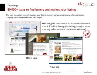 Technology 80,000+ ways to find buyers and market your listings kw.com  gives consumers access to search more than 4.7 million listings (including yours) -- more than any other national real estate Website! Office sites Your site Our lead generation network exposes your listings to more consumers than any other real estate company – and every lead comes back to you. 