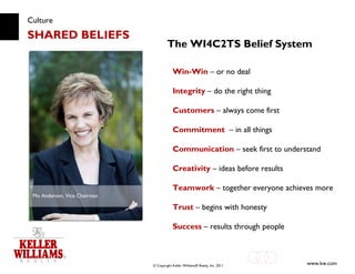 Culture SHARED BELIEFS Win-Win  – or no deal Integrity  – do the right thing Customers   – always come first Commitment  – in all things Communication   – seek first to understand Creativity  – ideas before results Teamwork  – together everyone achieves more Trust   – begins with honesty Success   – results through people The WI4C2TS Belief System Mo Anderson, Vice Chairman 