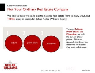 Keller Williams Realty Not Your Ordinary Real Estate Company We like to think we stand out from other real estate firms in many ways, but  THREE  areas in particular define Keller Williams Realty: Through  Culture, Profit Share,  and  Education,  we build the careers of our people.  This is an approach that brings our associates the success they want and deserve. profit share education culture 1 2 3 