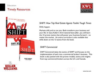 Education
Timely Resources



                   SHIFT: How Top Real Estate Agents Tackle Tough Times
                   Shifts happen.
                   Markets shift and so can you. Both transform your business and
                   your life. In Gary Keller’s third national best-seller, you will learn
                   the 12 proven tactics that will power your business forward – no
                   matter the market. An entire curriculum is also available that
                   drills down on the 12 tactics from the book.


                   SHIFT Commercial
                   SHIFT Commercial takes the tactics of SHIFT and focuses on the
                   implementation of each into a commercial broker’s business. This
                   book is also packed with the proven models, tactics and insights
                   from top commercial brokers across the U.S. and Canada.




                     © Copyright Keller Williams® Realty, Inc. 2012           www.kw.com
 