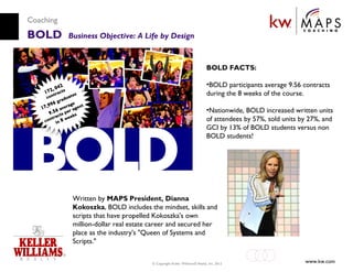 Coaching
BOLD       Business Objective: A Life by Design


                                                                          BOLD FACTS:

                                                                          •BOLD participants average 9.56 contracts
                                                                          during the 8 weeks of the course.

                                                                          •Nationwide, BOLD increased written units
                                                                          of attendees by 57%, sold units by 27%, and
                                                                          GCI by 13% of BOLD students versus non
                                                                          BOLD students!




            Written by MAPS President, Dianna
            Kokoszka, BOLD includes the mindset, skills and
            scripts that have propelled Kokoszka's own
            million-dollar real estate career and secured her
            place as the industry's "Queen of Systems and
            Scripts."


                                       © Copyright Keller Williams® Realty, Inc. 2012                      www.kw.com
 
