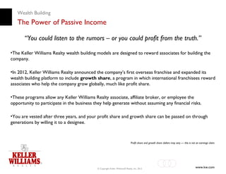 Wealth Building
   The Power of Passive Income

       “You could listen to the rumors – or you could profit from the truth.”

•The Keller Williams Realty wealth building models are designed to reward associates for building the
company.

•In 2012, Keller Williams Realty announced the company’s first overseas franchise and expanded its
wealth building platform to include growth share, a program in which international franchisees reward
associates who help the company grow globally, much like profit share.

•These programs allow any Keller Williams Realty associate, affiliate broker, or employee the
opportunity to participate in the business they help generate without assuming any financial risks.

•You are vested after three years, and your profit share and growth share can be passed on through
generations by willing it to a designee.



                                                                               Profit share and growth share dollars may vary — this is not an earnings claim.




                                             © Copyright Keller Williams® Realty, Inc. 2012                                                www.kw.com
 