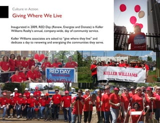 Culture in Action
Giving Where We Live

Inaugurated in 2009, RED Day (Renew, Energize and Donate) is Keller
Williams Realty’s annual, company-wide, day of community service.

Keller Williams associates are asked to “give where they live” and
dedicate a day to renewing and energizing the communities they serve.




        Mary Tennant, President and COO




                                           © Copyright Keller Williams® Realty, Inc. 2012   www.kw.com
 