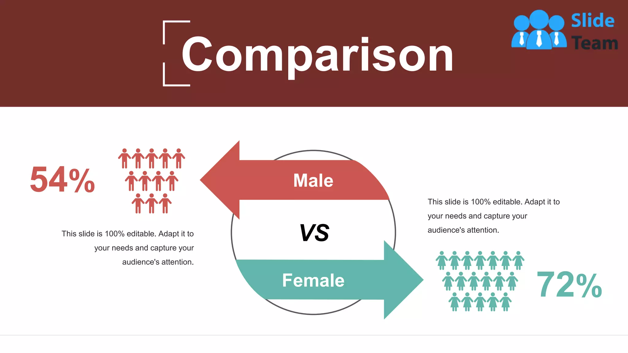 28
54%
This slide is 100% editable. Adapt it to
your needs and capture your
audience's attention.
72%
This slide is 100% editable. Adapt it to
your needs and capture your
audience's attention.
Male
Female
VS
Comparison
 