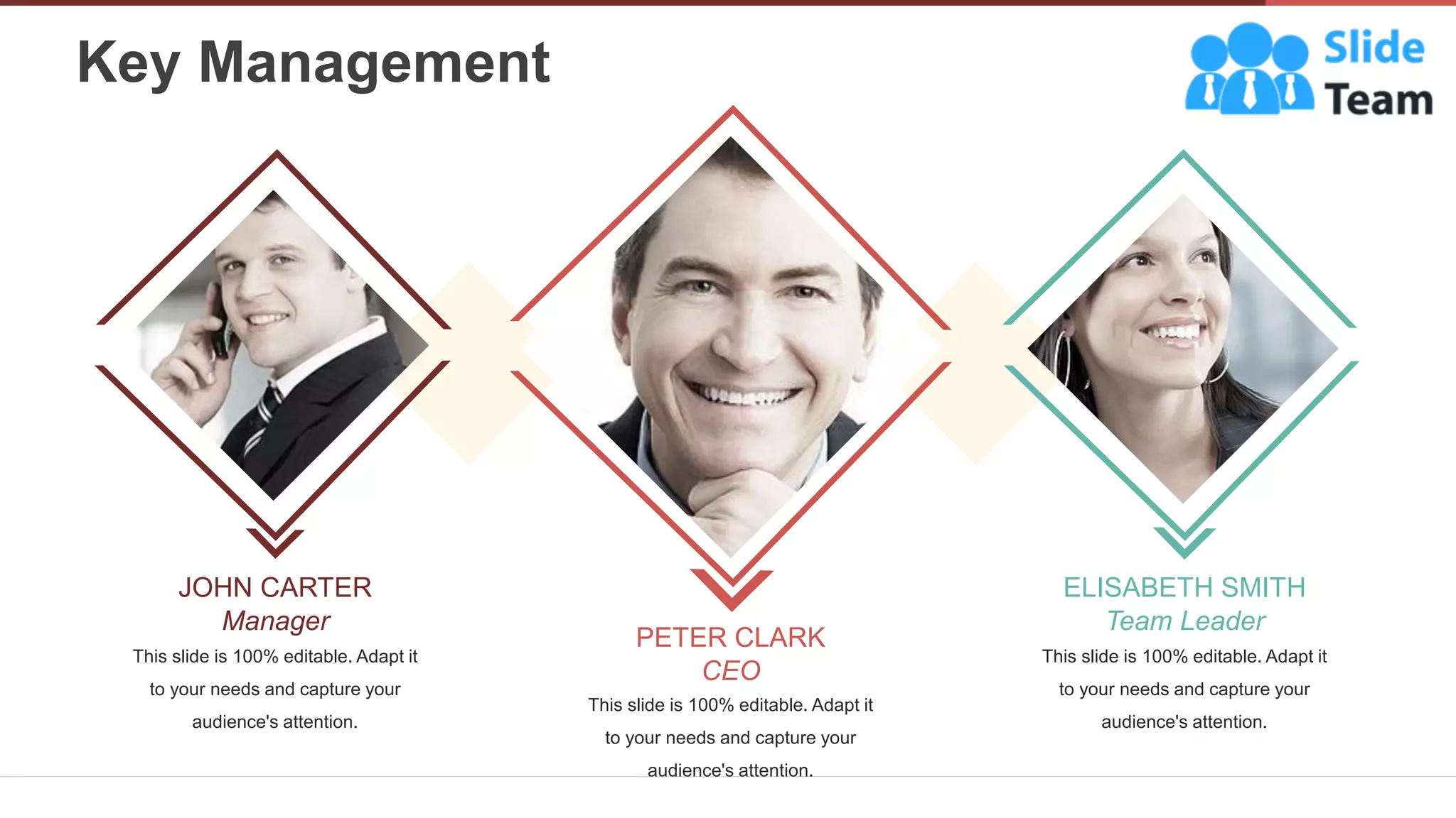 JOHN CARTER
Manager
This slide is 100% editable. Adapt it
to your needs and capture your
audience's attention.
CEO
PETER CLARK
This slide is 100% editable. Adapt it
to your needs and capture your
audience's attention.
Team Leader
ELISABETH SMITH
This slide is 100% editable. Adapt it
to your needs and capture your
audience's attention.
Key Management
3
 