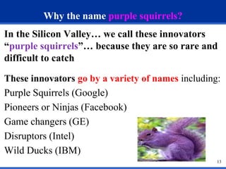13 
Why the name purple squirrels? 
In the Silicon Valley… we call these innovators 
“purple squirrels”… because they are so rare and 
difficult to catch 
These innovators go by a variety of names including: 
Purple Squirrels (Google) 
Pioneers or Ninjas (Facebook) 
Game changers (GE) 
Disruptors (Intel) 
Wild Ducks (IBM) 
 