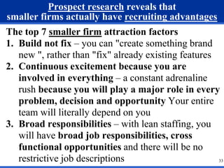 33 
Prospect research reveals that 
smaller firms actually have recruiting advantages 
The top 7 smaller firm attraction factors 
1. Build not fix – you can "create something brand 
new ", rather than "fix" already existing features 
2. Continuous excitement because you are 
involved in everything – a constant adrenaline 
rush because you will play a major role in every 
problem, decision and opportunity Your entire 
team will literally depend on you 
3. Broad responsibilities – with lean staffing, you 
will have broad job responsibilities, cross 
functional opportunities and there will be no 
restrictive job descriptions 
 