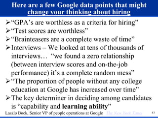 Here are a few Google data points that might 
change your thinking about hiring 
“GPA’s are worthless as a criteria for hiring” 
“Test scores are worthless” 
“Brainteasers are a complete waste of time” 
Interviews – We looked at tens of thousands of 
interviews… “we found a zero relationship 
(between interview scores and on-the-job 
performance) it’s a complete random mess” 
“The proportion of people without any college 
education at Google has increased over time” 
The key determiner in deciding among candidates 
is “capability and learning ability” 
Laszlo Bock, Senior VP of people operations at Google The New York Times 57 
 