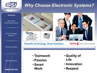 Why Choose Electronic Systems? Divisions: Information Technology Solutions Print Technology Solutions Powerful Technology. Smart Solutions. Service & Supplies ,[object Object]