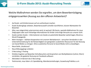 Welche Maßnahmen werden Sie ergreifen, um dem Bewerberrückgang
             entgegenzuwirken (Auszug aus den offenen Antworten)?

             •    Auf Azubi- und Schülermessen auf uns aufmerksam machen
             •    Duale Studiengänge anbieten, Bewerberauswahl schneller durchführen, kürzere Wartezeiten für
                  Bewerber
             •    Alles, was zielgerichtet unternommen wird, ist wertvoll. Ob Events, spezielle Maßnahmen für neue
                  Zielgruppen oder auch frühzeitige Informationen für Kinder sind einige Versuche aus unserer Sicht
             •    Azubis werben Azubis – Informationen von Azubis an potentielle Bewerber weitertragen, Mund-zu-
                  Mund-Propaganda
             •    Mehr Anzeigen – Stärkere Kooperation mit unserem Werbebereich – versuchen Verständnis in der
                  Unternehmensleitung für die Notwendigkeit von geeigneten zusätzlichen Ressourcen für die Nutzung
                  von Social Media zu erlangen. Ohne zusätzliches Personal ist Social Media nicht zu bewältigen.
             •    Neue Stelle „Azubiscout“
             •    Neue Bildungsgänge anbieten
             •    E-Recruiting, E-Testing
             •    Direktes Zugehen auf Bewerber (Schulbesuche) und Ansprechen von Multiplikatoren (Lehrer, Eltern)
                  verstärken, die geplante Nutzung von Facebook aufbauen
             •    Aktivitäten im Bereich des E-Recruitings
             •    Testimonials, neue Ideen z.B. Speeddating, Abendveranstaltungen, Ausweitung Praktika u.v.m

                                                                                                                      26
Marketing/Social Media
 