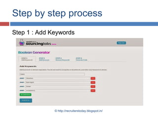 Step by step process
Step 1 : Add Keywords

© http://recruiterstoday.blogspot.in/

 