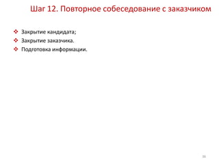 Шаг 12. Повторное собеседование с заказчиком 
 Закрытие кандидата; 
 Закрытие заказчика. 
 Подготовка информации. 
36 
 