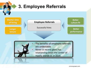 3. Employee Referrals
Employee Referrals
Successful hires
Better
culture fit
Better
performance
Shorter time
of hiring
Longer
tenure
• The benefits of employee referrals
are undeniable
• Never in recent years has
relationship been the center of
mostly trends as in 2016.
vnmanpower.com
 