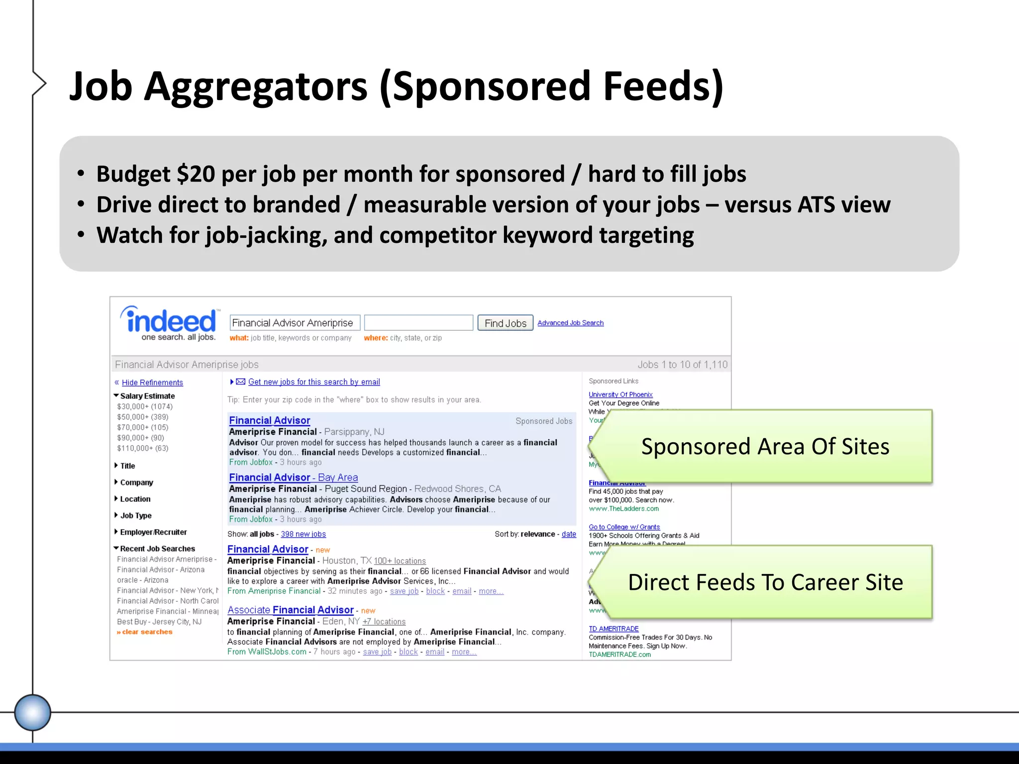 Job Aggregators (Sponsored Feeds)
• Budget $20 per job per month for sponsored / hard to fill jobs
• Drive direct to branded / measurable version of your jobs – versus ATS view
• Watch for job‐jacking, and competitor keyword targeting




                                                     Sponsored Area Of Sites




                                                    Direct Feeds To Career Site
 
