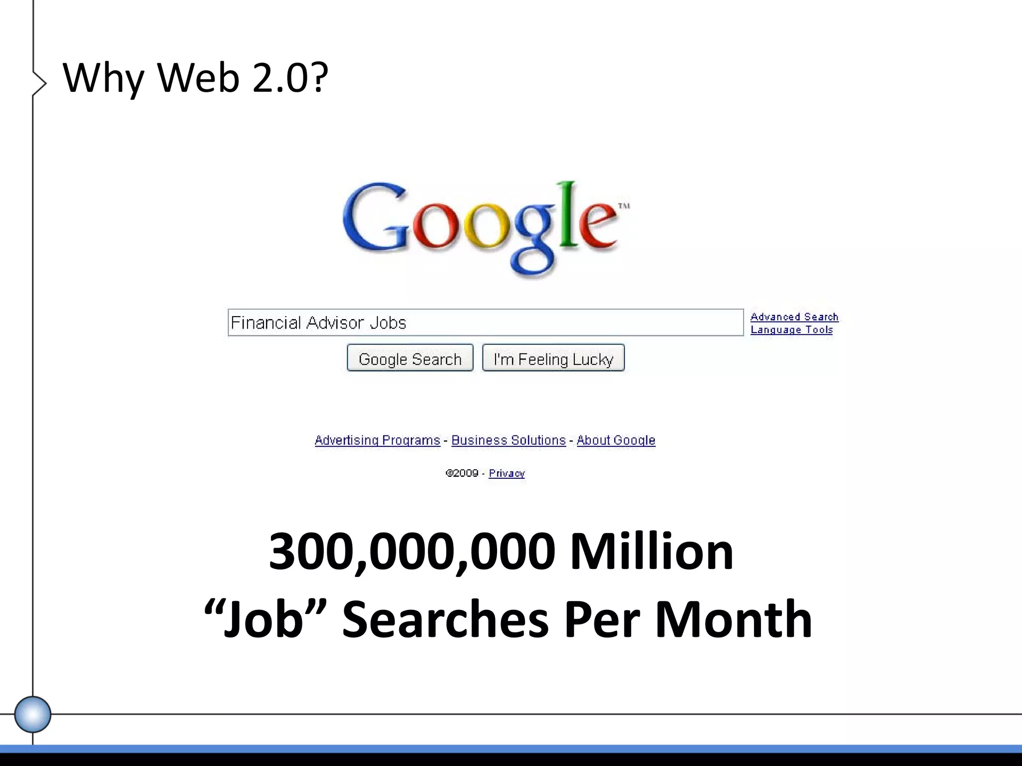 Why Web 2.0?




         300,000,000 Million 
      “Job” Searches Per Month
 