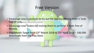 Free Version
• Encourage new customers to try out the App by offering them 3 Tasks
free of cost.
• Encourage new Taskers by inviting them to perform 3 Tasks free of
Rentals.
• First Month Target from 23rd March 2018 to 23rd April 2018 – 100,000
downloads from the Play Store
 
