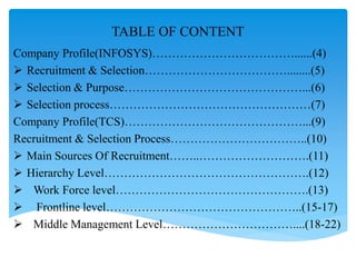 TABLE OF CONTENT
Company Profile(INFOSYS)………………………………......(4)
 Recruitment & Selection………………………………........(5)
 Selection & Purpose………………………………………...(6)
 Selection process……………………………………………(7)
Company Profile(TCS)………………………………………...(9)
Recruitment & Selection Process……………………………..(10)
 Main Sources Of Recruitment……..……………………….(11)
 Hierarchy Level…………………………………………….(12)
 Work Force level………………………………………….(13)
 Frontline level…………………………………………..(15-17)
 Middle Management Level……………………………....(18-22)
 
