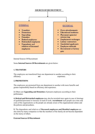 SOURCES OF RECRUITMENT




Internal Sources Of Recruitment

Some Internal Sources Of Recruitments are given below:


1. TRANSFERS

The employees are transferred from one department to another according to their
efficiency                     and                     experience.

2. PROMOTIONS

The employees are promoted from one department to another with more benefits and
greater responsibility based on efficiency and experience.

3. Others are Upgrading and Demotion of present employees according to their
performance.

4. Retired and Retrenched employees may also be recruited once again in case of shortage
of qualified personnel or increase in load of work. recruitment such people save time and
costs of the organisations as the people are already aware of the organisational culture and
the policies and procedures.

5. The dependents and relatives of Deceased employees and Disabled employees are
also done by many companies so that the members of the family do not become dependent
on the mercy of others.

External Sources Of Recruitment
 
