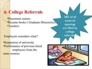 6. College Referrals Placement centers Resume books ( Graduate Directories) Teachers 38% of all external openings are filled by college referralse Employers considers what?  Reputation of university Performance of previous hired  employees from the  same sources 