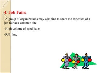 4. Job Fairs A group of organizations may combine to share the expenses of a job fair at a common site. High volume of candidates RJP- low 