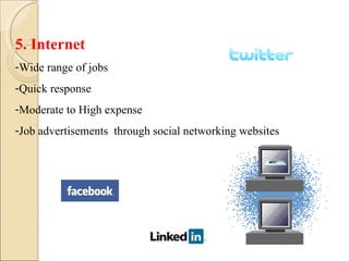 5. Internet Wide range of jobs Quick response Moderate to High expense Job advertisements  through social networking websites 