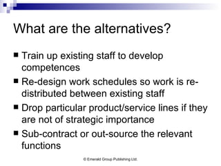 What are the alternatives? Train up existing staff to develop competences Re-design work schedules so work is re-distributed between existing staff Drop particular product/service lines if they are not of strategic importance  Sub-contract or out-source the relevant functions 