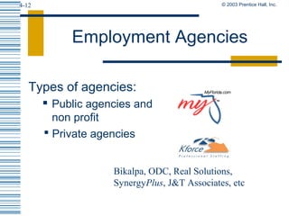 © 2003 Prentice Hall, Inc.4-12
Employment Agencies
Types of agencies:
 Public agencies and
non profit
 Private agencies
Bikalpa, ODC, Real Solutions,
SynergyPlus, J&T Associates, etc
 