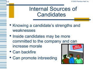 © 2003 Prentice Hall, Inc.4-6
Internal Sources of
Candidates
 Knowing a candidate’s strengths and
weaknesses
 Inside candidates may be more
committed to the company and can
increase morale
 Can backfire
 Can promote inbreeding
 