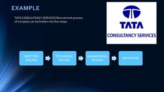 EXAMPLE
WRITTEN
ROUND
TECHNICAL
ROUND
MANAGERIAL
ROUND
HR ROUND
TATA CONSULTANCY SERVICES Recruitment process
of company can be broken into four steps.
 