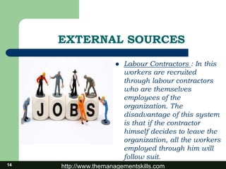 http://www.themanagementskills.com
EXTERNAL SOURCES
 Labour Contractors : In this
workers are recruited
through labour contractors
who are themselves
employees of the
organization. The
disadvantage of this system
is that if the contractor
himself decides to leave the
organization, all the workers
employed through him will
follow suit.
14
 
