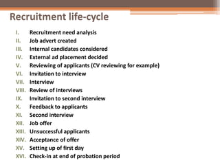 Recruitment life-cycle
I. Recruitment need analysis
II. Job advert created
III. Internal candidates considered
IV. External ad placement decided
V. Reviewing of applicants (CV reviewing for example)
VI. Invitation to interview
VII. Interview
VIII. Review of interviews
IX. Invitation to second interview
X. Feedback to applicants
XI. Second interview
XII. Job offer
XIII. Unsuccessful applicants
XIV. Acceptance of offer
XV. Setting up of first day
XVI. Check-in at end of probation period
 