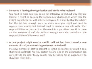 • Someone is leaving the organisation and needs to be replaced
You need to make sure you do an exit interview to find out ...