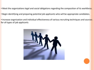 • Meet the organizations legal and social obligations regarding the composition of its workforce.
• Begin identifying and preparing potential job applicants who will be appropriate candidates.
• Increase organization and individual effectiveness of various recruiting techniques and sources
for all types of job applicants
 