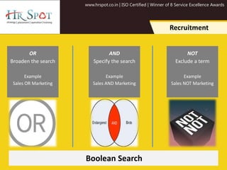 www.hrspot.co.in | ISO Certified | Winner of 8 Service Excellence Awards
Recruitment
AND
Specify the search
Example
Sales AND Marketing
OR
Broaden the search
Example
Sales OR Marketing
NOT
Exclude a term
Example
Sales NOT Marketing
Boolean Search
 