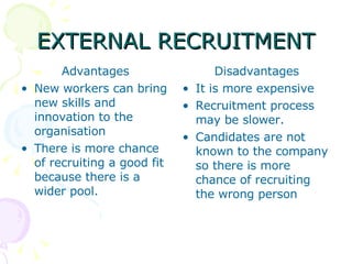 EXTERNAL RECRUITMENT Advantages New workers can bring new skills and innovation to the organisation There is more chance of recruiting a good fit because there is a wider pool. Disadvantages It is more expensive Recruitment process may be slower. Candidates are not known to the company so there is more chance of recruiting the wrong person 