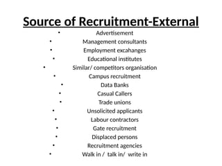 Source of Recruitment-External
• Advertisement
• Management consultants
• Employment excahanges
• Educational institutes
• Similar/ competitors organisation
• Campus recruitment
• Data Banks
• Casual Callers
• Trade unions
• Unsolicited applicants
• Labour contractors
• Gate recruitment
• Displaced persons
• Recruitment agencies
• Walk in / talk in/ write in
 