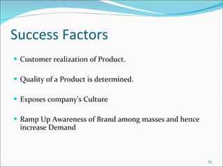 Success Factors Customer realization of Product. Quality of a Product is determined.  Exposes company’s Culture  Ramp Up Awareness of Brand among masses and hence  increase Demand  
