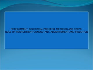 RECRUITMENT, SELECTION, PROCESS, METHODS AND STEPS, ROLE OF RECRUITMENT CONSULTANT, ADVERTISMENT AND INDUCTION 