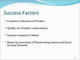 Success Factors Customer realization of Product. Quality of a Product is determined.  Exposes company’s Culture  Ramp Up Awareness of Brand among masses and hence  increase Demand  