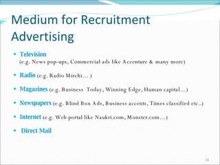 Medium for Recruitment Advertising Television  (e.g. News pop-ups, Commercial ads like Accenture & many more) Radio  (e.g. Radio Mirchi… ) Magazines  (e.g. Business  Today, Winning Edge, Human capital…) Newspapers  (e.g. Blind Box Ads, Business accents, Times classified etc..) Internet  (e.g. Web portal like Naukri.com, Monster.com…) Direct Mail 